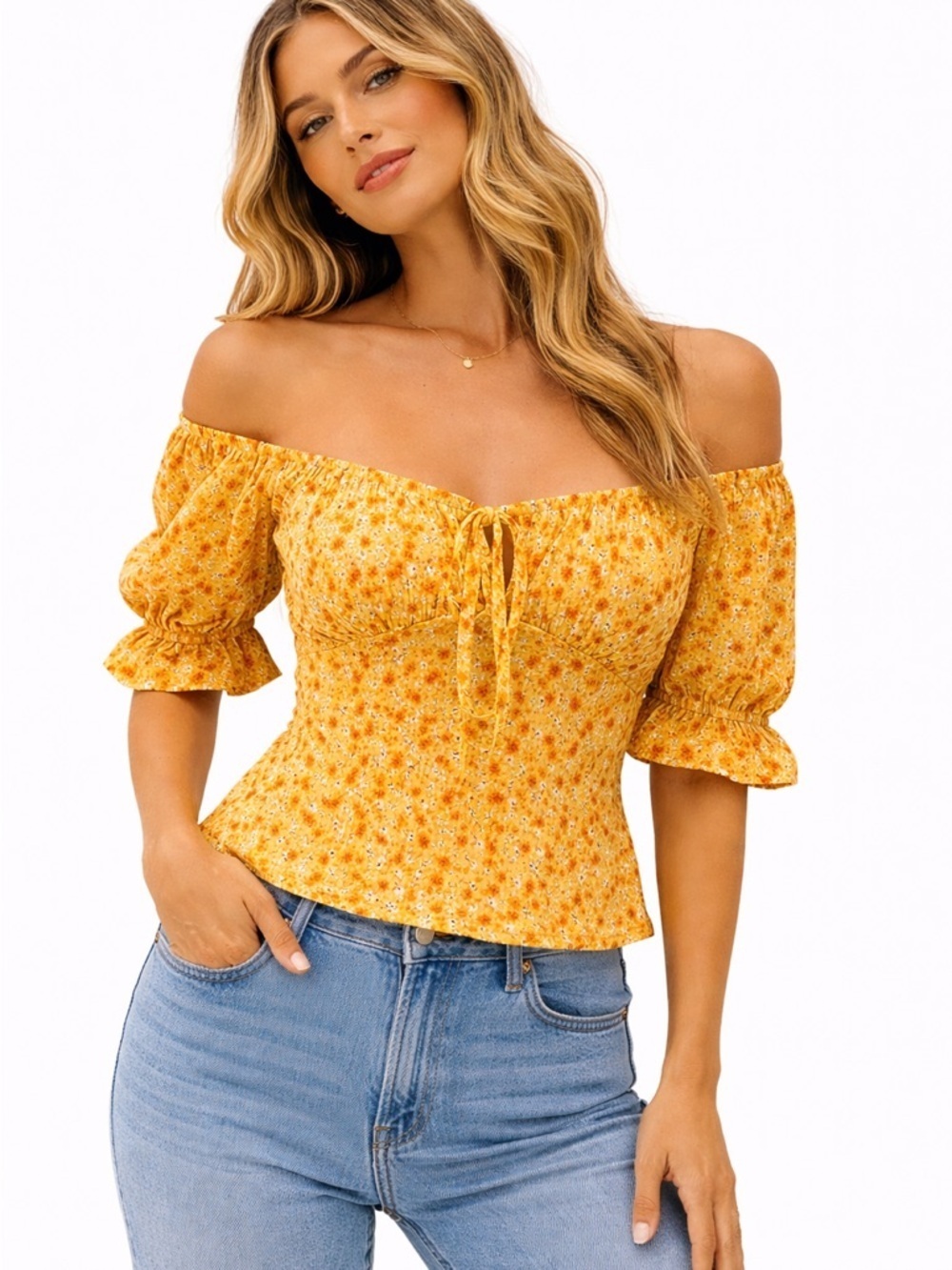 Coquette Prairiecore Top Shirt Yellow Floral Puff Sleeve Ruched Tie Front Size M